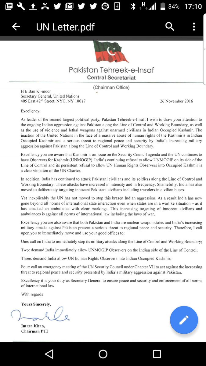 ImranKhanPTI's tweet photo. My letter to UNSG demanding action by UN on Indian aggression ag Pak &amp; on Indian violence ag Kashmiris in IOK https://t.co/XqqF4dZDt4