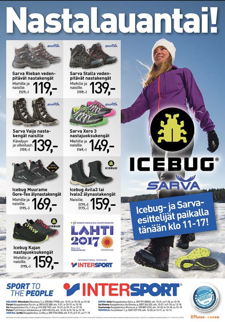 Hohoi Helsinki, tänään pk-seudun Intersporteissa nastapäivä! Löydät asiantuntevat myyjämme ja hyvät hinnat kaikista liikkeistä. #sarva