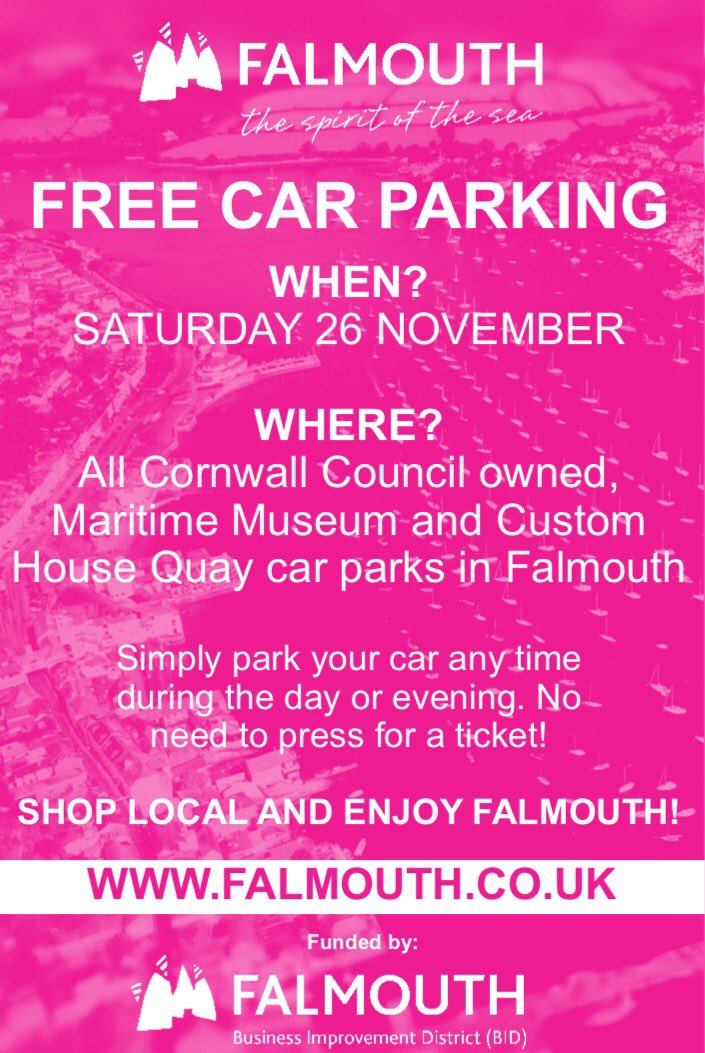 FalmouthTownUK's tweet photo. FREE PARKING in town today, Sat 26th Nov. See below for full details and all car parks included. SHOP LOCAL @TheGBHighSt Please RT everyone. https://t.co/GacjCbJjq7