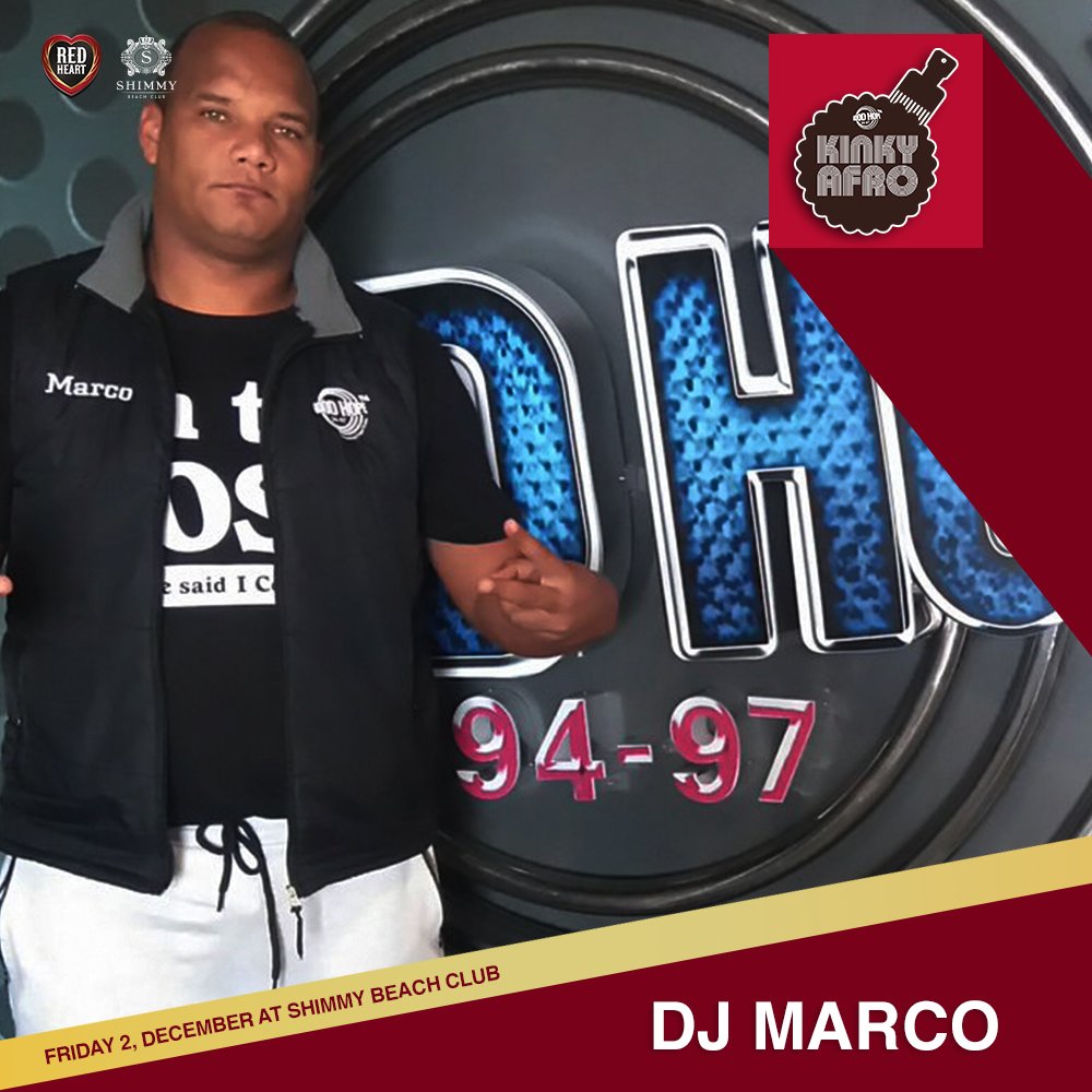 . @DeeJayMarcoJ brings the old school flavour to @ShimmyBeach on 2 Dec with @NigelPierce. #KinkyAfro #AreYouDancing #OldSchool