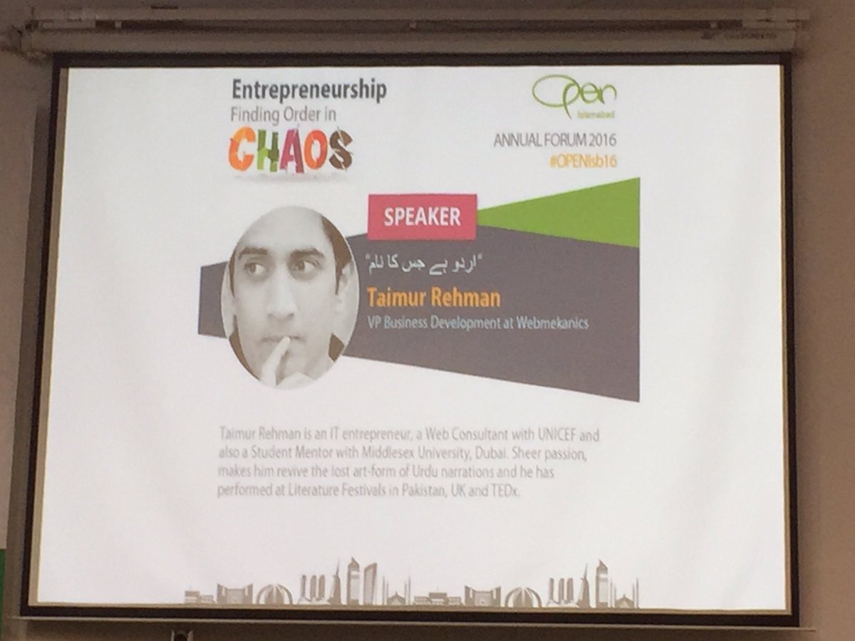 kmzuberi's tweet photo. Taimur Rehman on #Urdu literacy during #openisb16 loved the session #Entreprenuership finding order in #chaos https://t.co/tGhR4J01ts