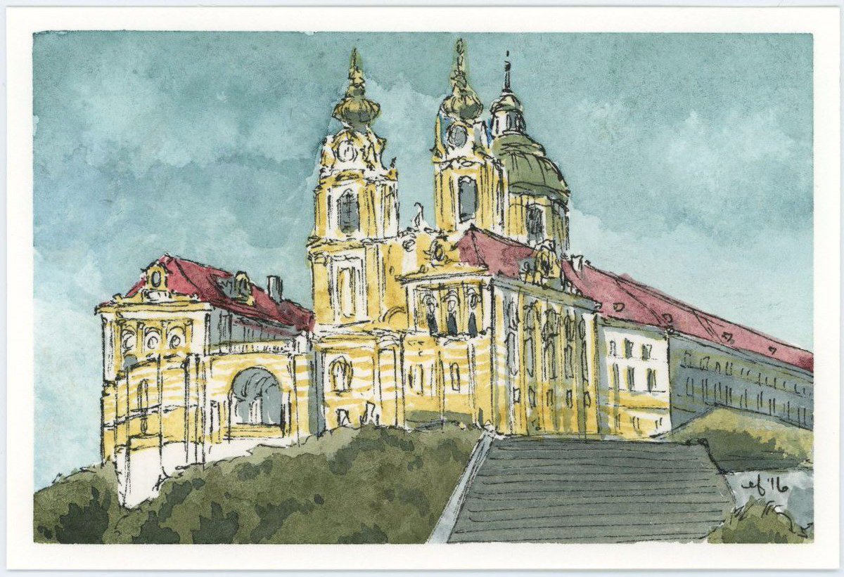 elisashigehiro's tweet photo. #366Project #331 of a year of drawing houses and environments: #MelkMonastery in Austria, for Jill! #Watercolor and ink, 4 x 6". https://t.co/5SEQaCiQ8L