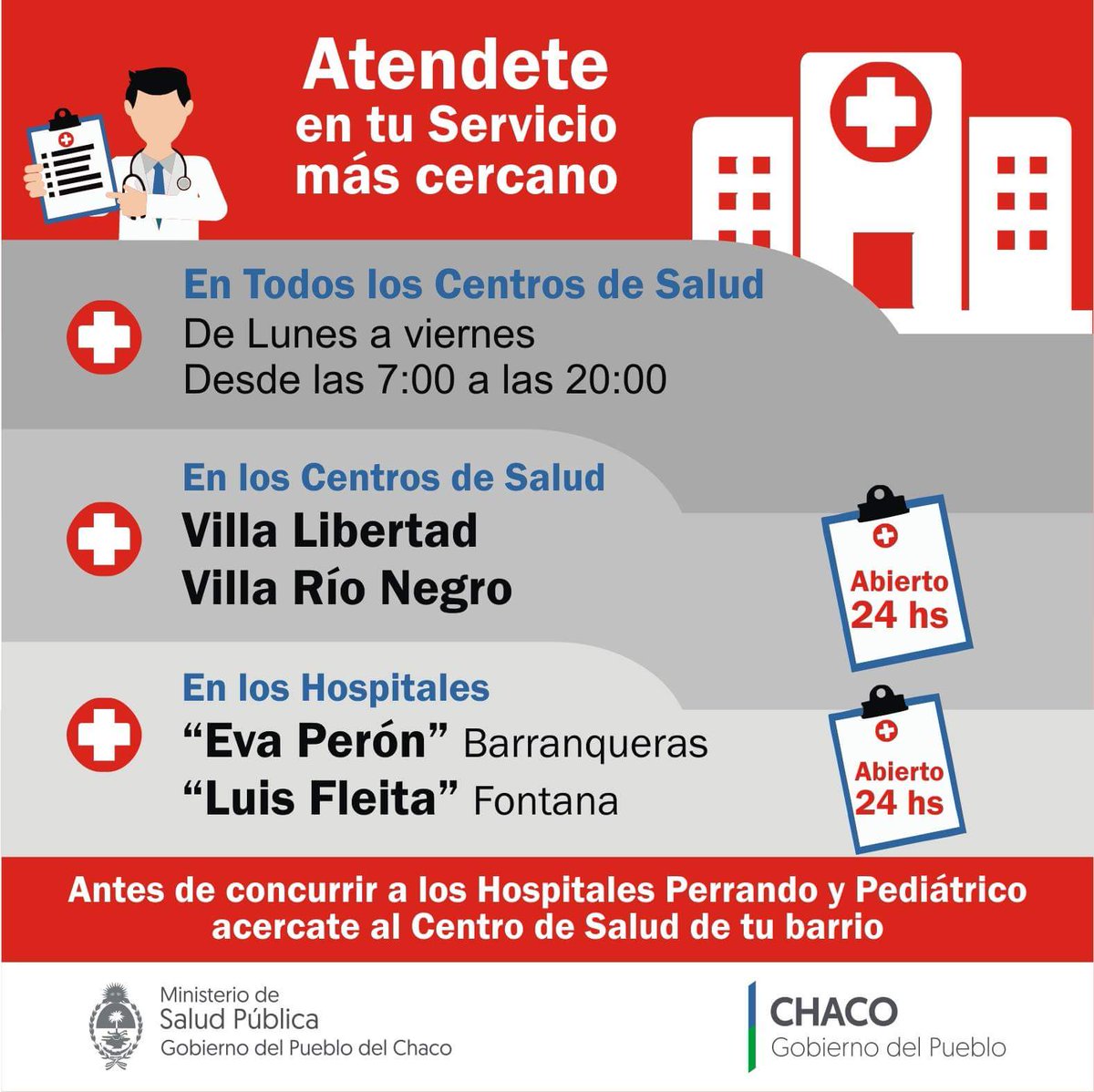 ChacoSalud's tweet photo. Los SÁBADOS también podés utilizar los servicios de tu centro de salud de 8 a 12 hs. ¡¡APROVECHÁ!! #ElEstadoDeTuLado https://t.co/bDOfeuPFw8