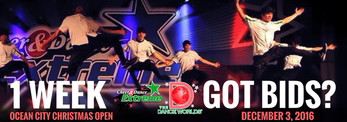 cdextreme's tweet photo. Only 1 WEEK until the OC Christmas Open! Got Bids? https://t.co/MYUTyGrmA5
#oceancity #christmas #danceworlds #worldbids #bids #cheer #usasf https://t.co/07JbpqpnpH