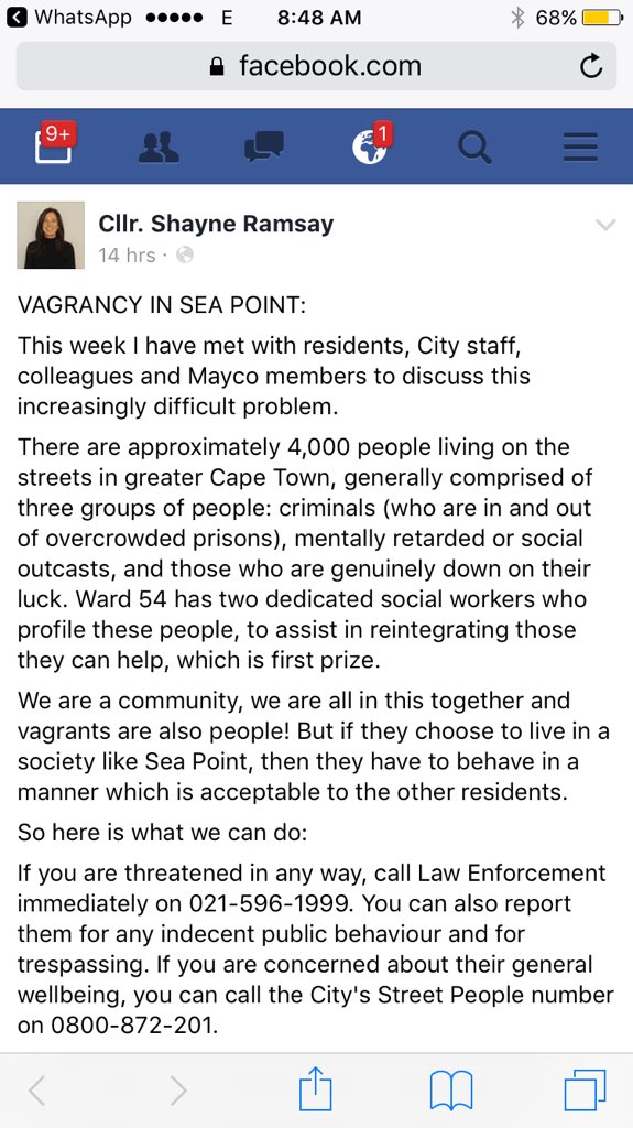 ZackieAchmat's tweet photo. Sea Point @Our_DA Councillor @shayneramsay is organising a march to harass "homeless" "criminal" "retards" read Black people wearing White https://t.co/R1SKRw4i0B