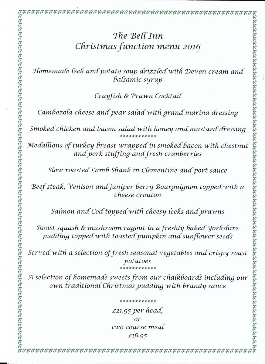 TheBellParkham's tweet photo. Here's our 2016 Christmas menu - Call today to book your special party - 01237 451 201 https://t.co/ZAEUcd2fXH