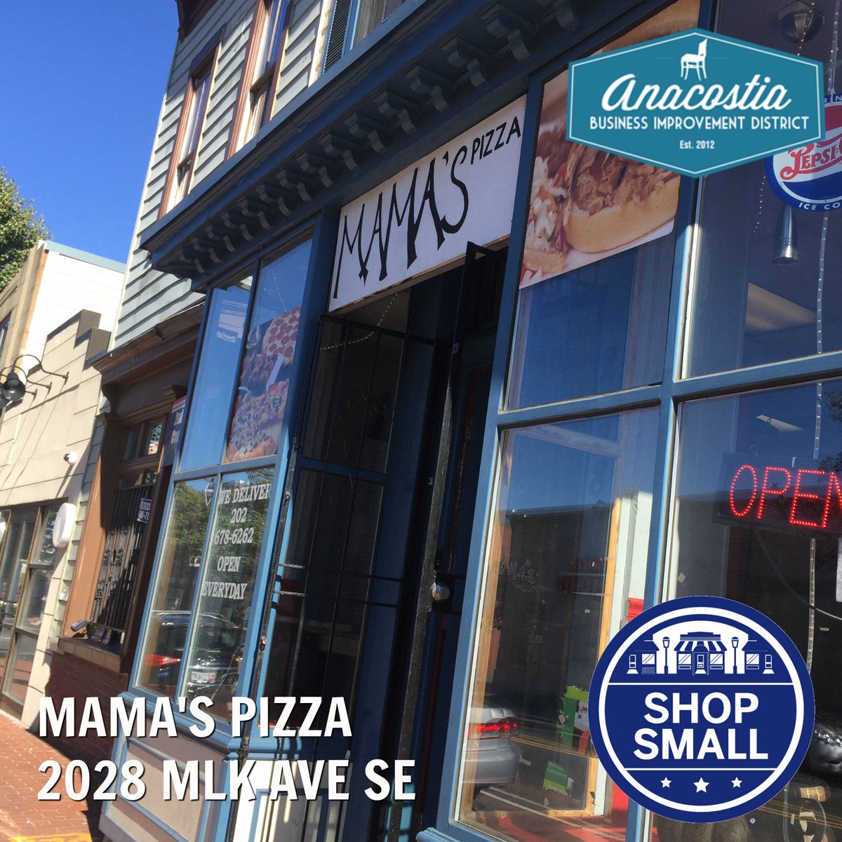 AnacostiaBID's tweet photo. #ShopSmall Anacostia with #DC's best pizza, calzones, lasagna &amp; more! @MamasPizzaDC, 2028 MLK Ave SE. Open today 11am-11pm! #MadeInAna https://t.co/IEgbwlCbWO