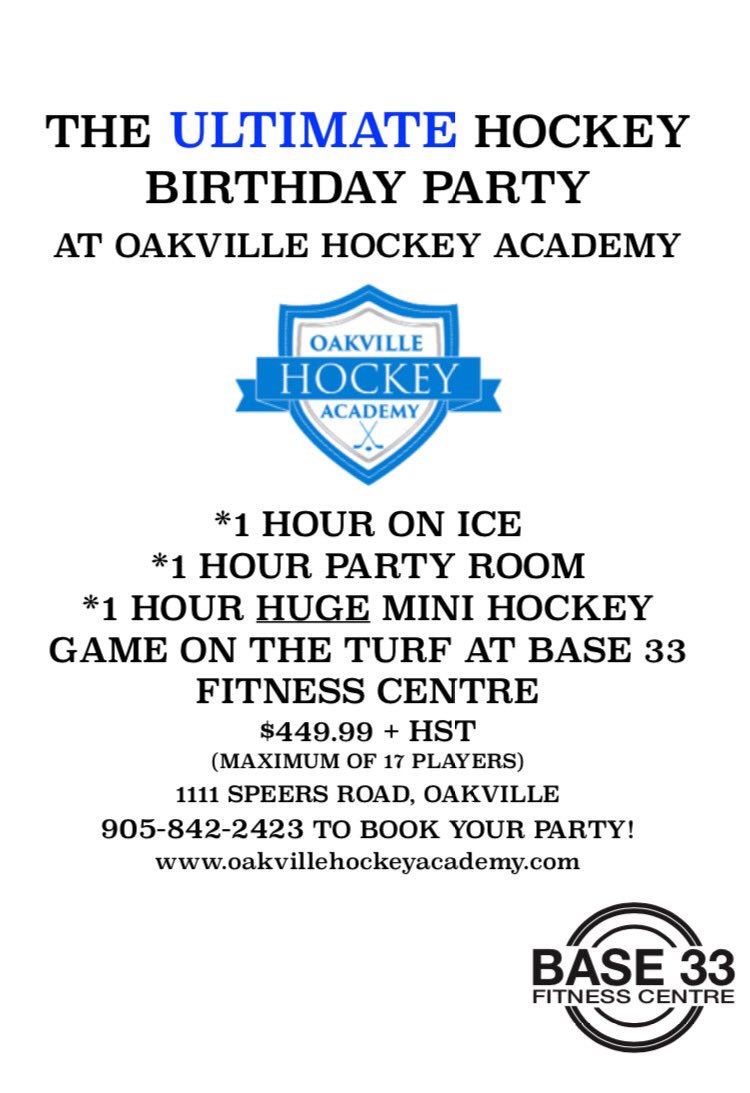 Looking for the #UltimateHockeyParty it's at #oakvillehockeyacademy - 1 Hr On Ice, 1 Hr Party Room &amp; 1Hr HUGE Mini Hockey game in #Base33
