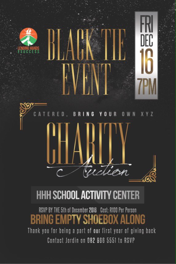 LH2Success's tweet photo. It's official 16th Dec BlackTie Charity Auction #LH2Success #LendingHands2Success come & join us @marais_j @nazvanrooigmai1 @jldbac https://t.co/wbJRHTOADs