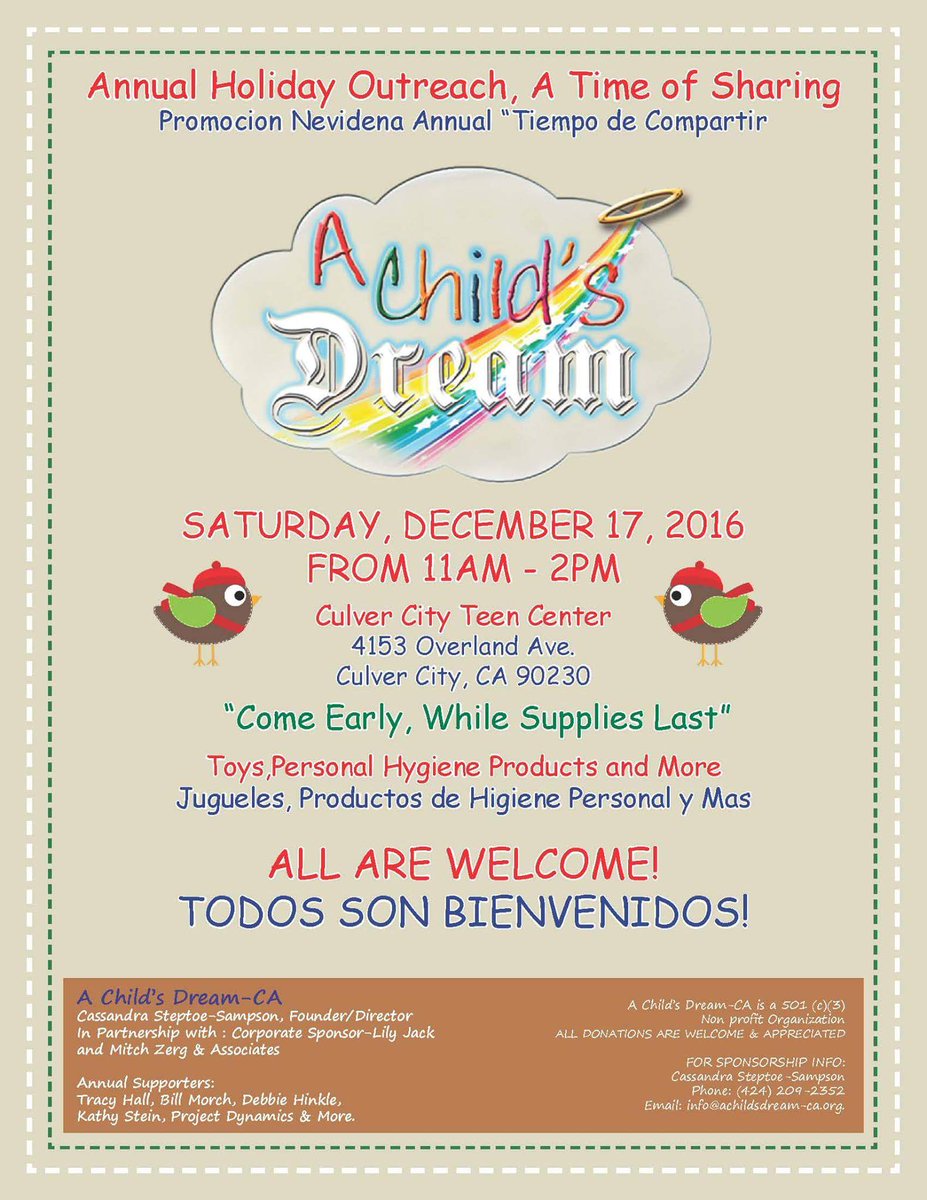 achildsdreamca's tweet photo. A Child's Dream Annual Holiday Outreach Dec 17th from 11am-2pm. #achildsdreamca #outreach #CommunityService #CulverCity https://t.co/v1abOV369M