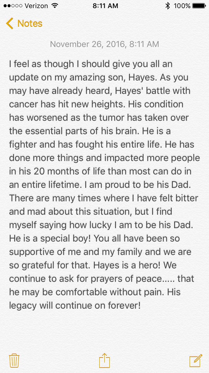 tate28's tweet image. Since so many of you have lifted my family up during this year, I wanted to give you an update on my little super Hero Hayes. #Hayestough