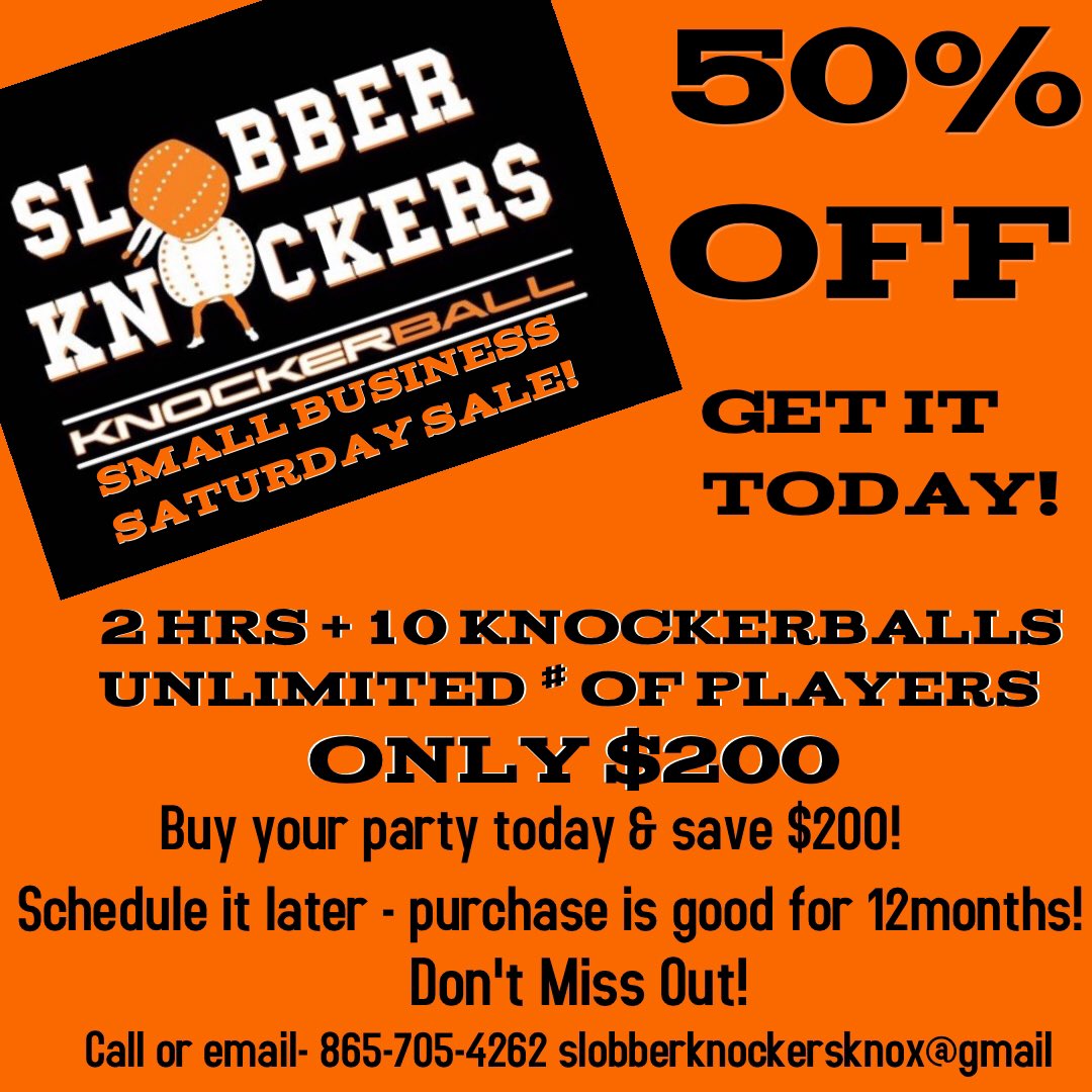 SlobbrKnockers's tweet photo. 50% OFF! Its Small Business Saturday and we are extending our sale! Get 2 hours, 10 knockerballs, and unlimited guests for only $200!!! https://t.co/hdUFU8GER1