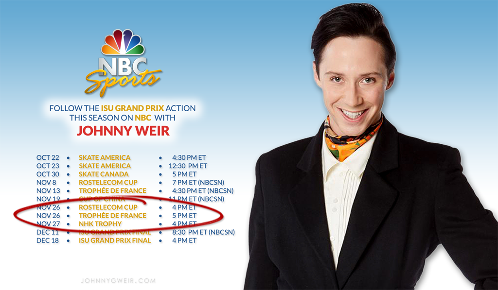 misfitmimes's tweet photo. REMINDER: #GPRussia & #GPFrance on NBC 4 pm ET/3 pm CT w/ @JohnnyGWeir @taralipinski #TerryGannon! #GPFigure #GPFrance #CoR16 #RostelecomCup https://t.co/bWfRYxSLpa