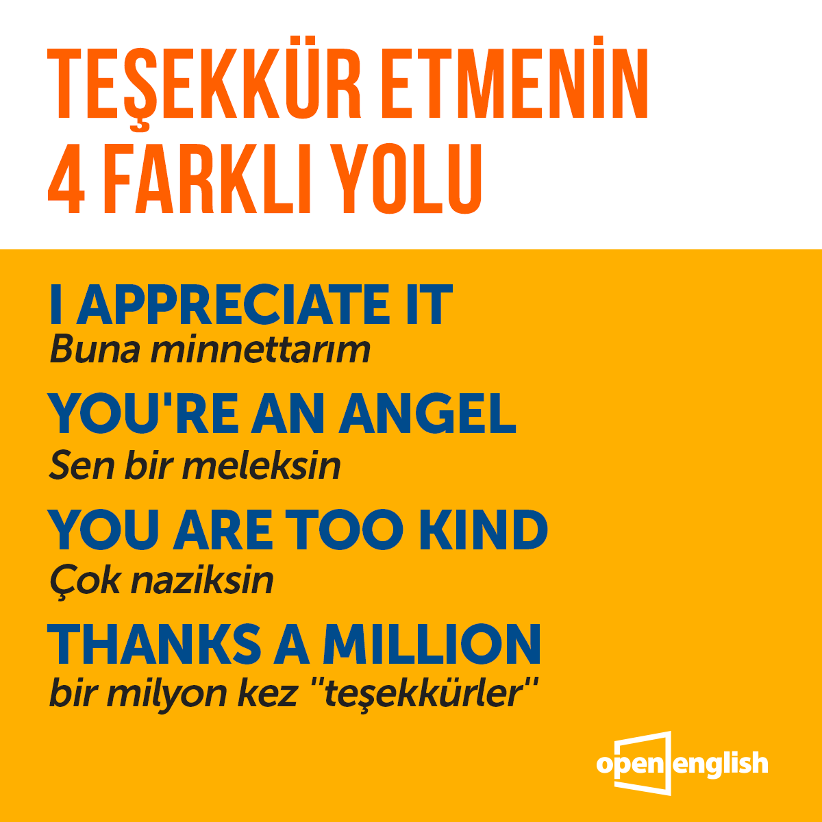 openenglishtr's tweet photo. Teşekkür etmek için birçok farklı yol var.

#OpenEnglish hakkında daha fazla bilgi edinmek için tıklayın: https://t.co/1lEKBWoyKB https://t.co/hiDswOwCDR