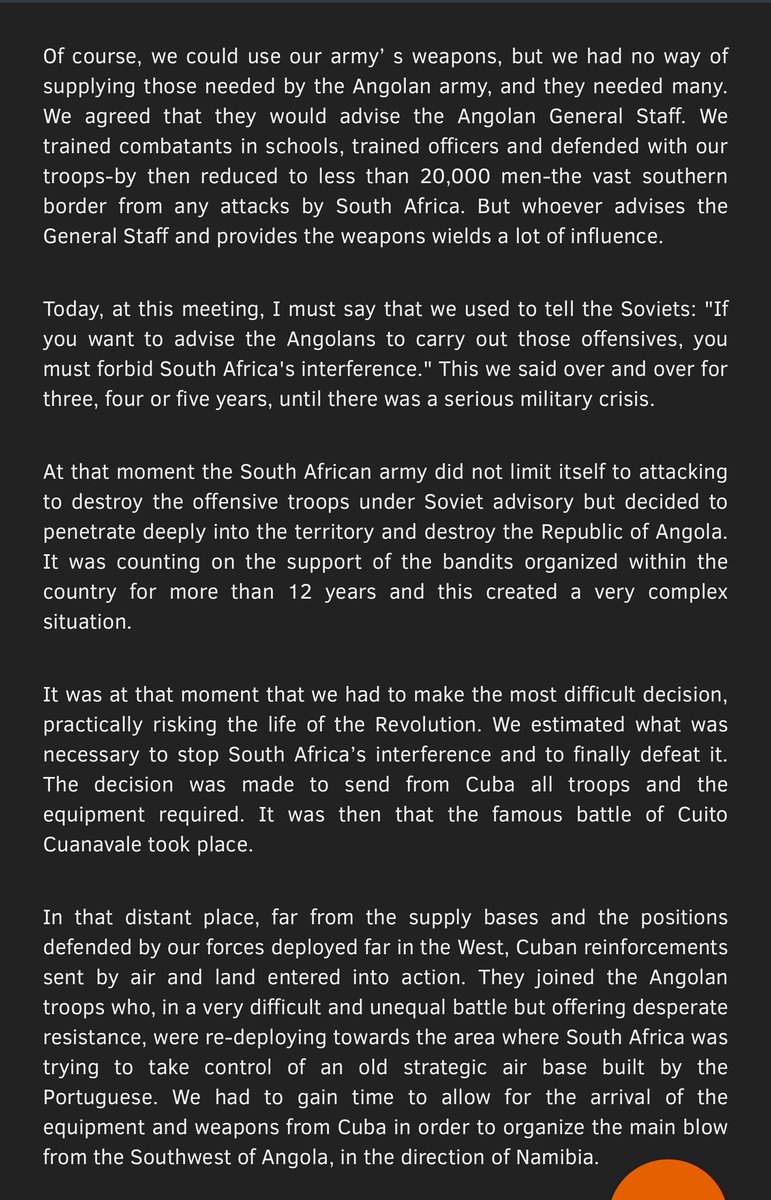 OnlyAfricaFacts's tweet photo. Every African should read this. 

Fidel Castro in 1998 detailing how Cuba, with no foreign help, saved Angola and Namibia from apartheid. https://t.co/ppesrUZryz