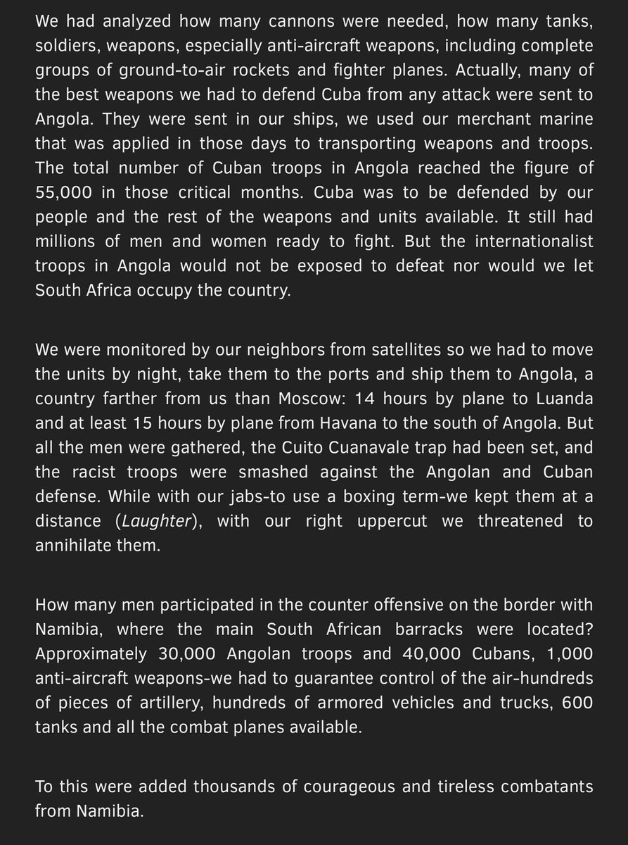 OnlyAfricaFacts's tweet photo. Every African should read this. 

Fidel Castro in 1998 detailing how Cuba, with no foreign help, saved Angola and Namibia from apartheid. https://t.co/ppesrUZryz