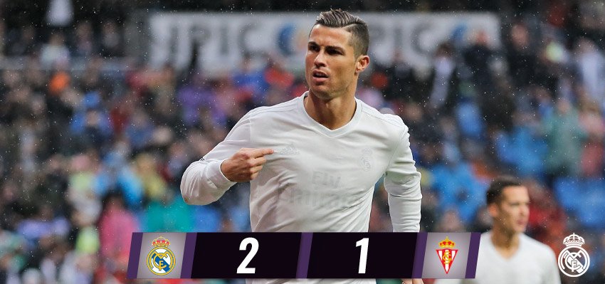 FP: <a href="/realmadrid/">Real Madrid C.F.</a> 2-1 <a href="/RealSporting/">Real Sporting</a> (<a href="/Cristiano/">Cristiano Ronaldo</a> 5' (p.), 18'; Carmona 35').

#RMLiga #HalaMadrid