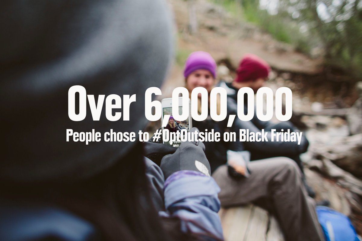 REI's tweet photo. Thanks for choosing to #OptOutside! More than 6 million people skipped the malls to join us outside: https://t.co/tIu8xyn8lK. https://t.co/58zLyuDiaZ