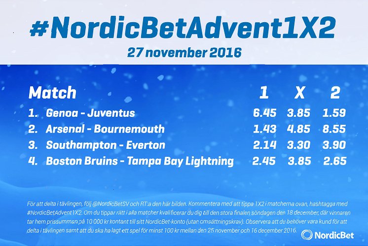 NordicBetSV's tweet photo. Första kvalet till 10 000kr-finalen den 18:e dec!

1. Följ
2. RT:a 
3. Tippa o hashtagga #NordicBetAdvent1X2

Läs: https://t.co/WKrRHUr3R5 https://t.co/FOfXKEBnad