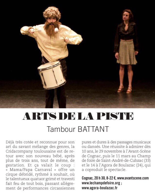 Dans le Mag <a href="/sudouest/">Sud Ouest</a>, les copains de <a href="/cridacompany/">Cridacompany</a> bientôt en <a href="/NvelleAquitaine/">Nouvelle-Aquitaine</a> <a href="/lechampdefoire/">Le Champ de Foire</a> <a href="/lavantscene16/">L'Avant-Scène Cognac</a> #cirque