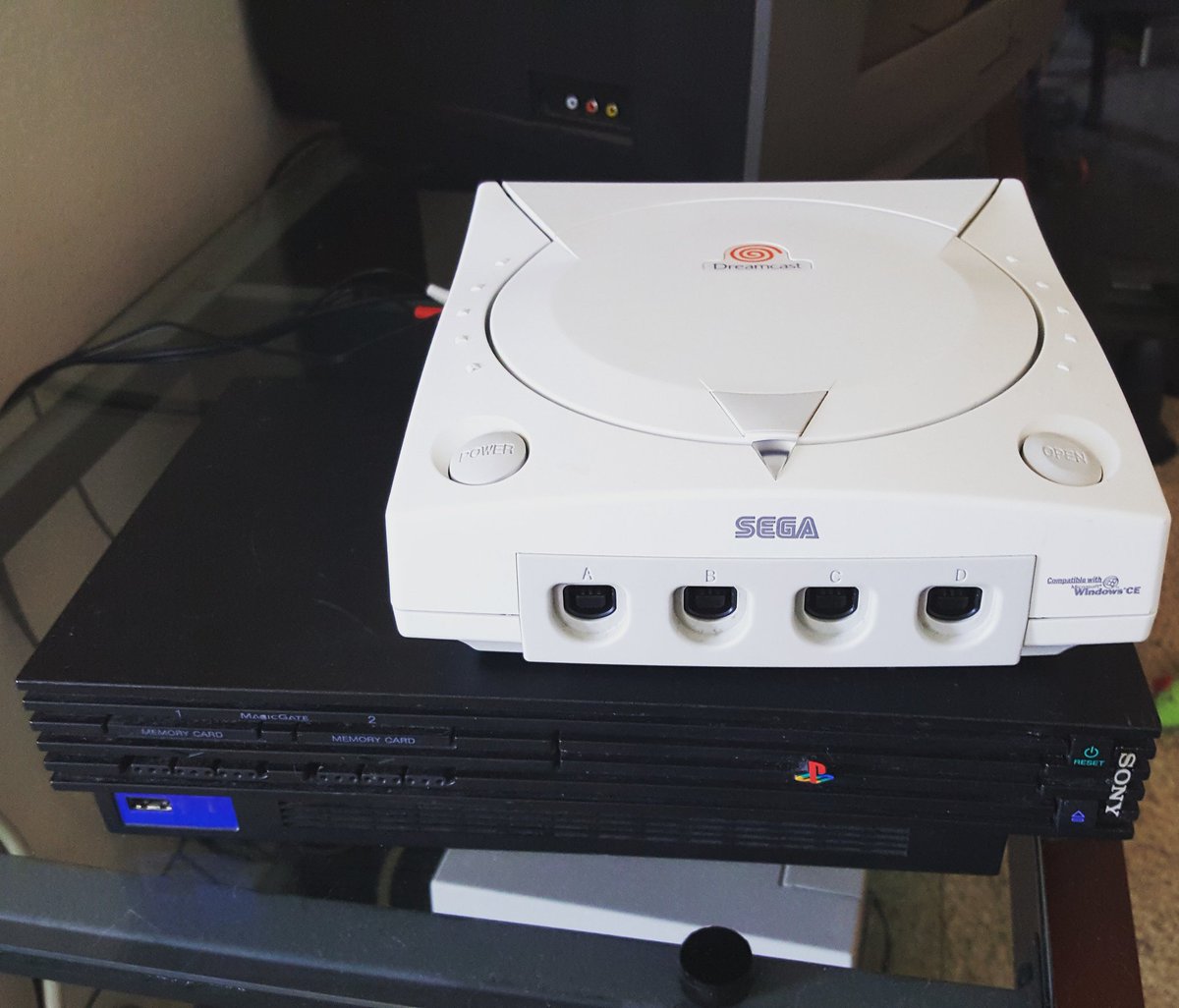 CouchCapades's tweet photo. Thank you #gameovergames for having an amazing sale on used consoles so we could add to our #retro consoles! #ps2 #segadreamcast https://t.co/WdQPB14RIB