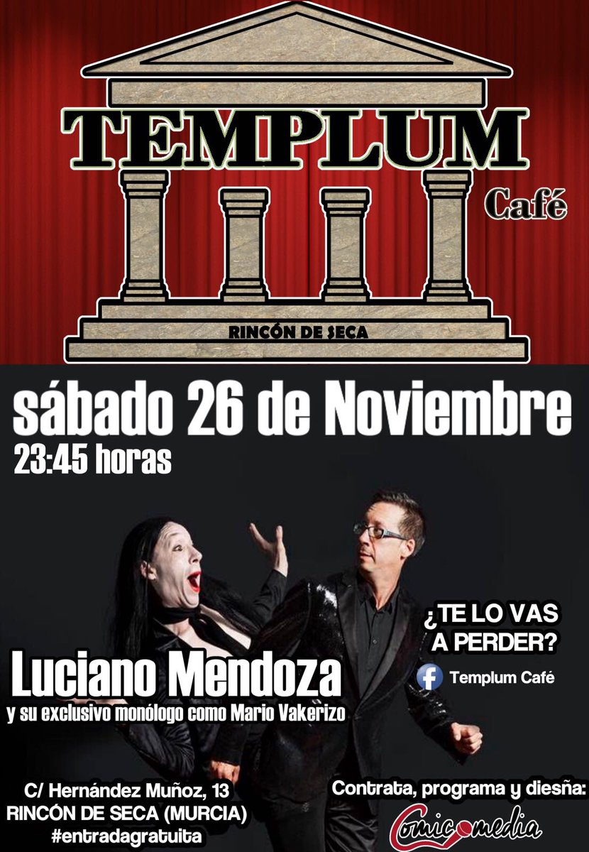 Hoy desde las 23:45 con entrada GRATUITA tienes una cita aquí en #Templum 

Noche de monólogo, hoy nos visita Luciano Mendoza.

TE ESPERAMOS