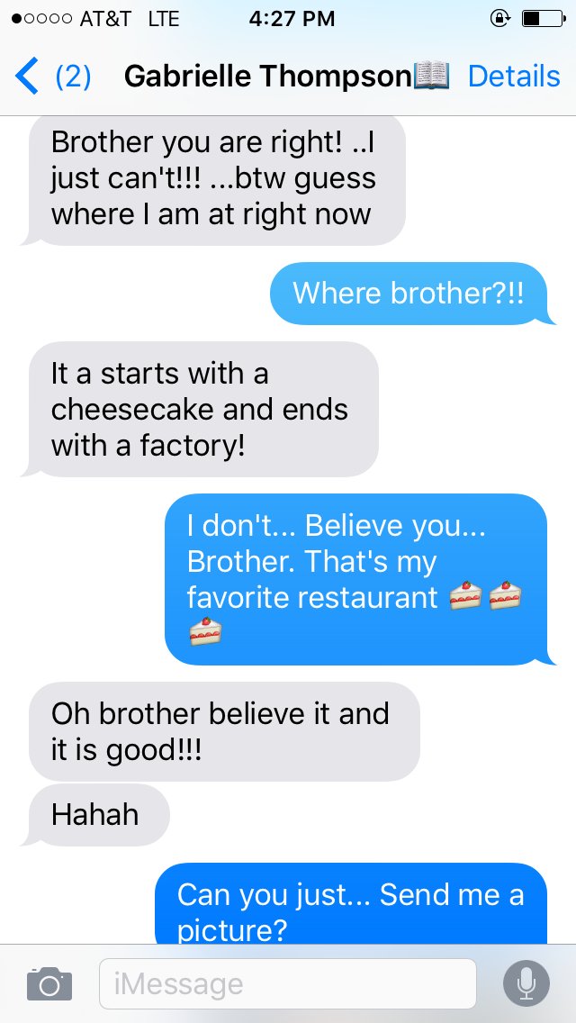 jamaymayanne's tweet photo. How Gabby and I text... #"brother" (we are not dramatic at all) https://t.co/mhLZbdDLUn