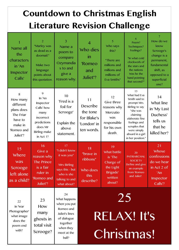 heymrshallahan's tweet photo. Countdown to Christmas Quick Revision for English Lit! Thanks @AccessMaths for the idea + @FKRitson for tweeting it! #engchatuk #teamenglish https://t.co/sRQtOv1UIs