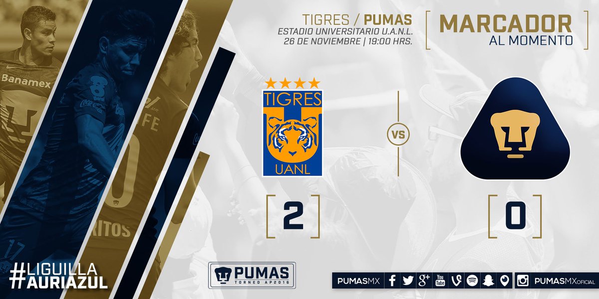 PumasMX's tweet photo. 30' @TigresOficial 2-0 Pumas.
#LiguillaAuriazul https://t.co/wt8bbSATIU