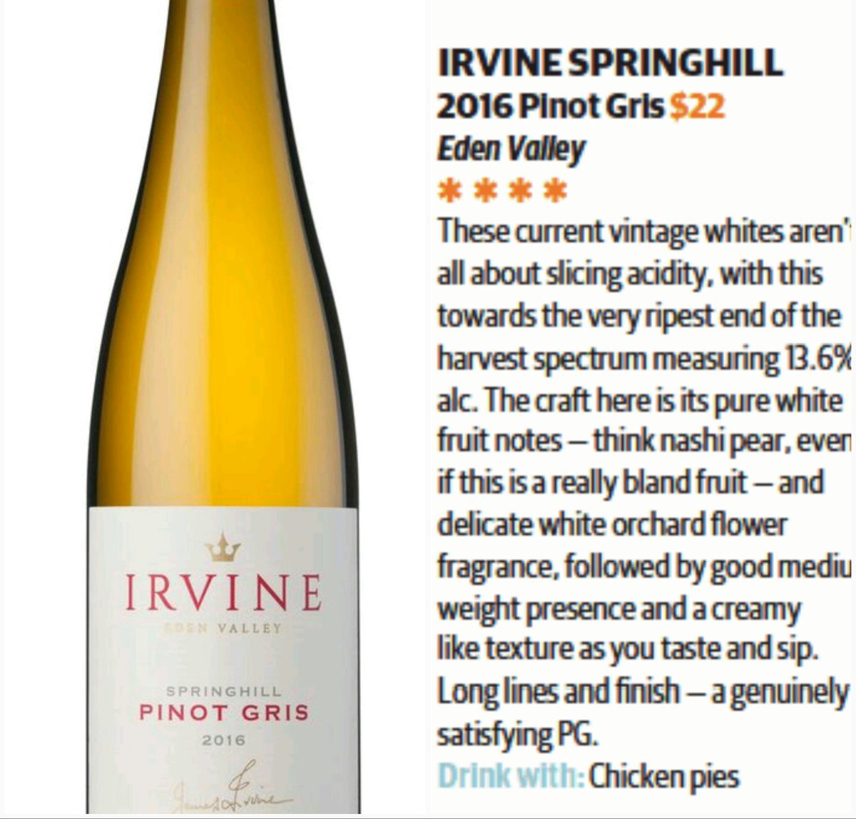 Irvine 2016 Springhill Pinot Gris featured in <a href="/TonyLoveTaste/">Tony Love</a> #Hotsummerdrinks @thetiser #edenvalley #pinotgris #summerwhites