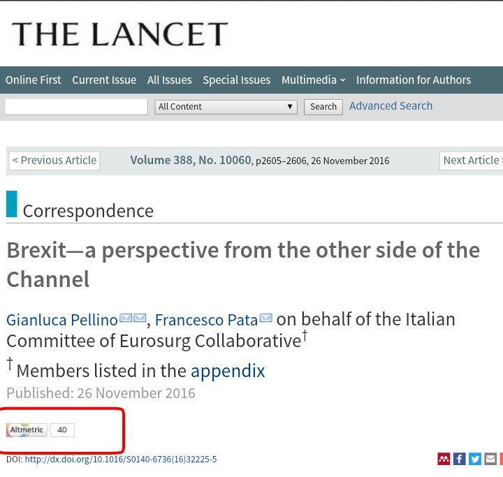 GianlucaPellino's tweet photo. Altmetric 40 in 24 hours! A lot of attention for our letter on #Brexit on @TheLancet ! #colorectalsurgery https://t.co/ctUmxtDIig https://t.co/zWZRyCVHR8