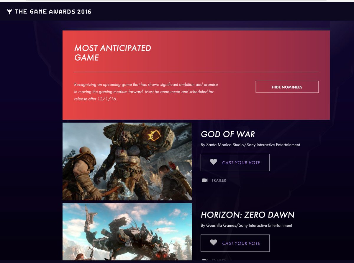 Nominees Announced for The Game Awards 2016