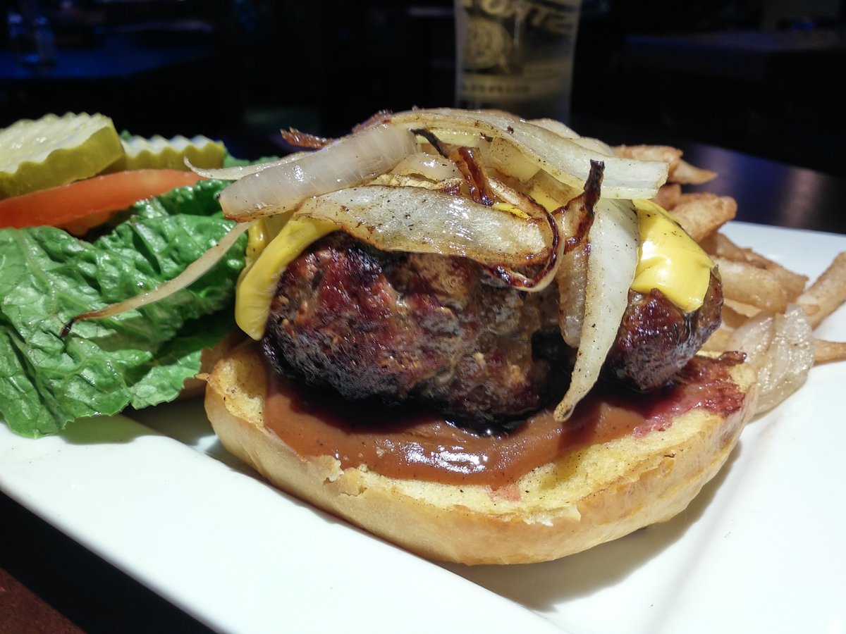 EdsTavernNC's tweet photo. Ed's Steak Burger! 10 oz. of juiciness with a house made Rebel Yell Bourbon Sauce! Served with Beer Battered Fries! https://t.co/KONTT00YQh