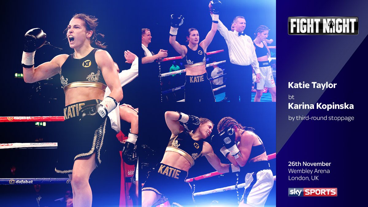 SkySportsBoxing's tweet photo. REPORT: @KatieTaylor blasts past Karina Kopinska on her professional debut at Wembley Arena: https://t.co/0pAgcbqmAZ https://t.co/FnWoV3FtFc