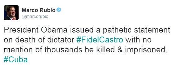 FoxNews's tweet photo. .@marcorubio slams @POTUS's response to the death of #FidelCastro. https://t.co/W8BWMFgRkf