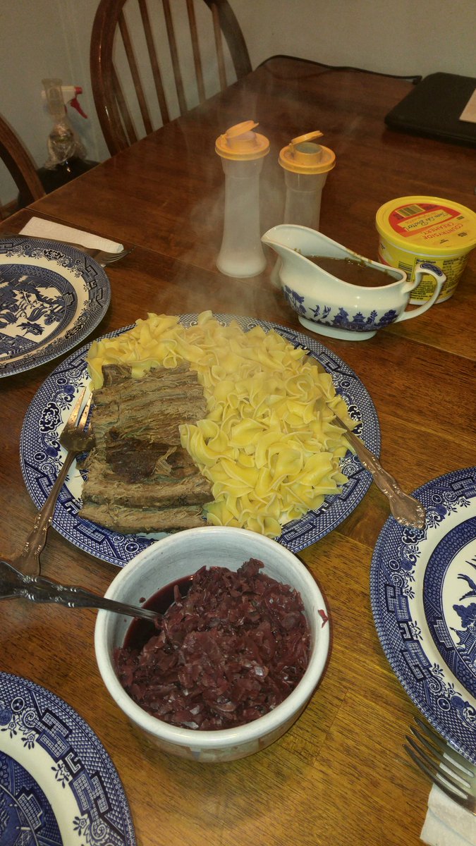 dawnleitheuser's tweet photo. Das saurbraten, red cabbage and homemade gingersnap gravy🍴 #homemade #showinmygerman #georgewantsleftovers #Cooking https://t.co/eHJc2q7Lzt