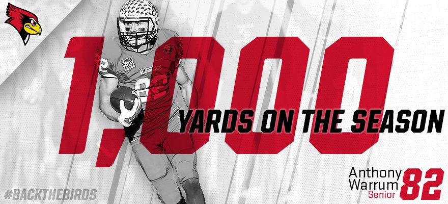 RedbirdFB's tweet image. With that 55-yard reception, @Anthony_Warrum becomes first Redbird with multiple 1,000 yard receiving seasons in his career #BackTheBirds