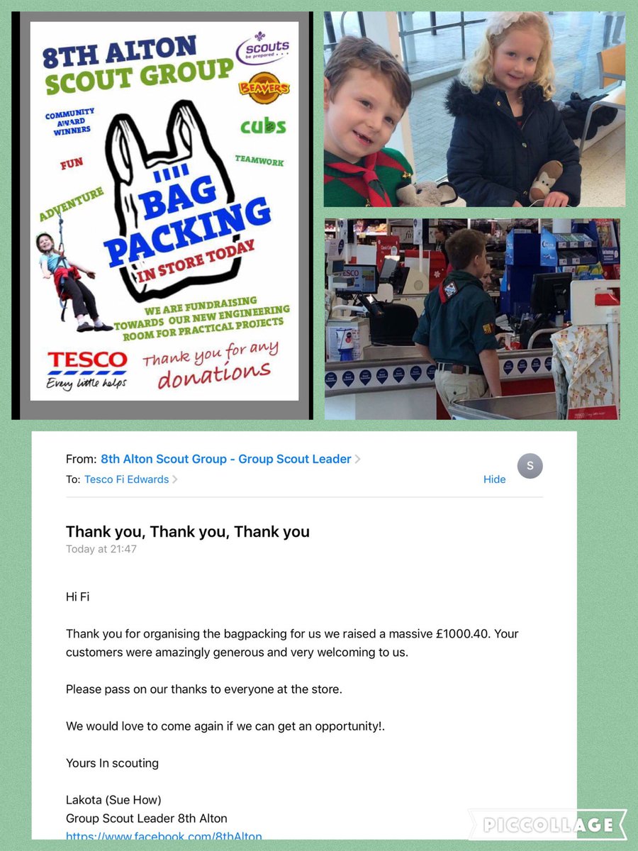 Tescobordon's tweet photo. Amazing and Thankyou to all our customers for supporting this bag pack, well done 8th Alton @Alton8th @Tesco #community#support#proud https://t.co/7MP0RYwarY