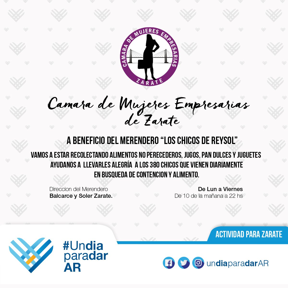 UnDiaParaDarAR's tweet photo. #UnDiaParaDar Con tu donación de alimentos o juguetes, ayudás a regalarle una sonrisa a 380 niños de Zárate.
#UDPDAR2016 #Solidaridad https://t.co/fIs3mc6KVF