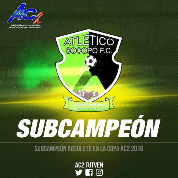 AC2FutVE's tweet photo. Oficial | Desde la @AC2FUTVEN Felicitamos ๐๐๐ al Club @Atletico_Socopo ๐SUBCAMPEรN ABSOLUTO en la #CopaAC2 2016๐#Caracas
#SEGUNDA โฝ๐ป๐ช#FutVe https://t.co/abL8eh7Jlq