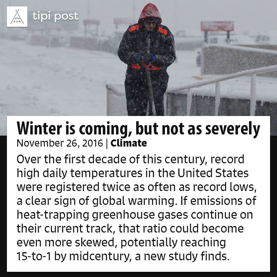 tipipost's tweet photo. Winter is coming, but not as severely: record highs will far outpace lows with warming https://t.co/C4pPKR0THO #ClimateChange #GlobalWarming https://t.co/Nu65sMA2AL