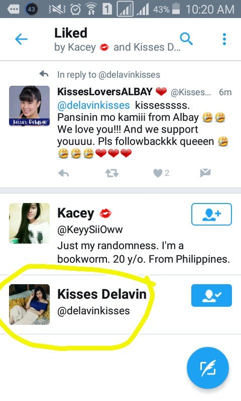 KissesAlbay's tweet photo. OMG!! 😱 Nilike ni Kisses @delavinkisses yung tweet ko 😍😍😍😍 
Please queen followback 😔😔😘 https://t.co/nIQh2cSy8O