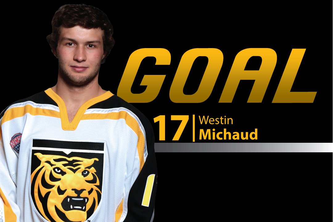 CCTigerHKY's tweet photo. CC GOAL!! @WestinMichaud scores his second of the game to cut the lead to 4-3 with 8:17 left in the third. https://t.co/v0nBWNcl6A