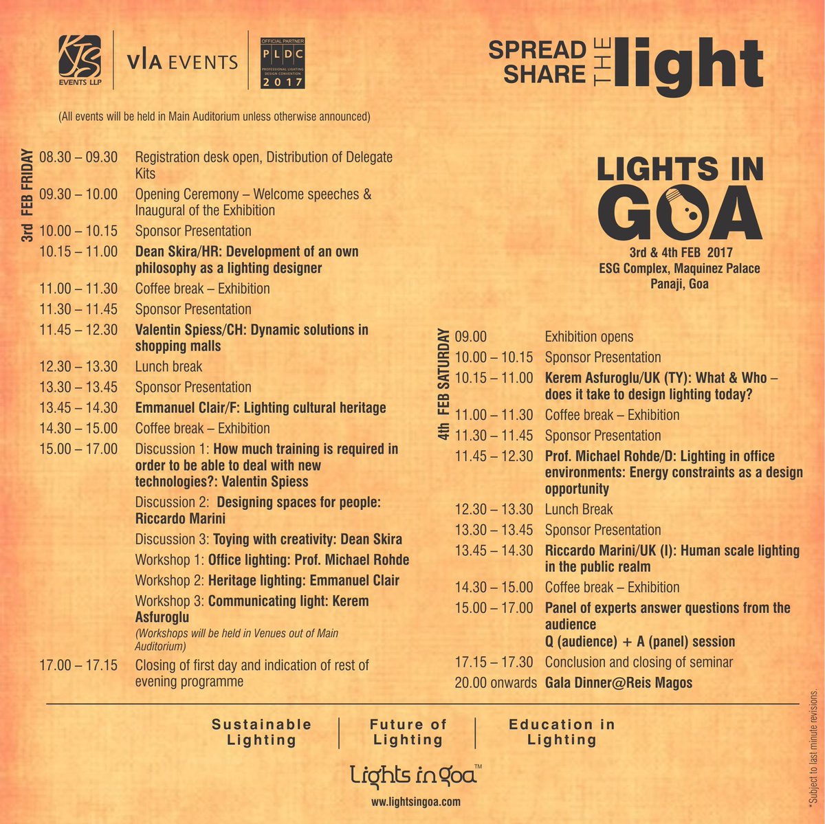 sachpra's tweet photo. Lights in Goa 2017. 03 &amp; 04 Feb. Panaji Goa. Seminar Schedule. @lightsingoa @PLDC2017 @light https://t.co/dW9XvsYJRH