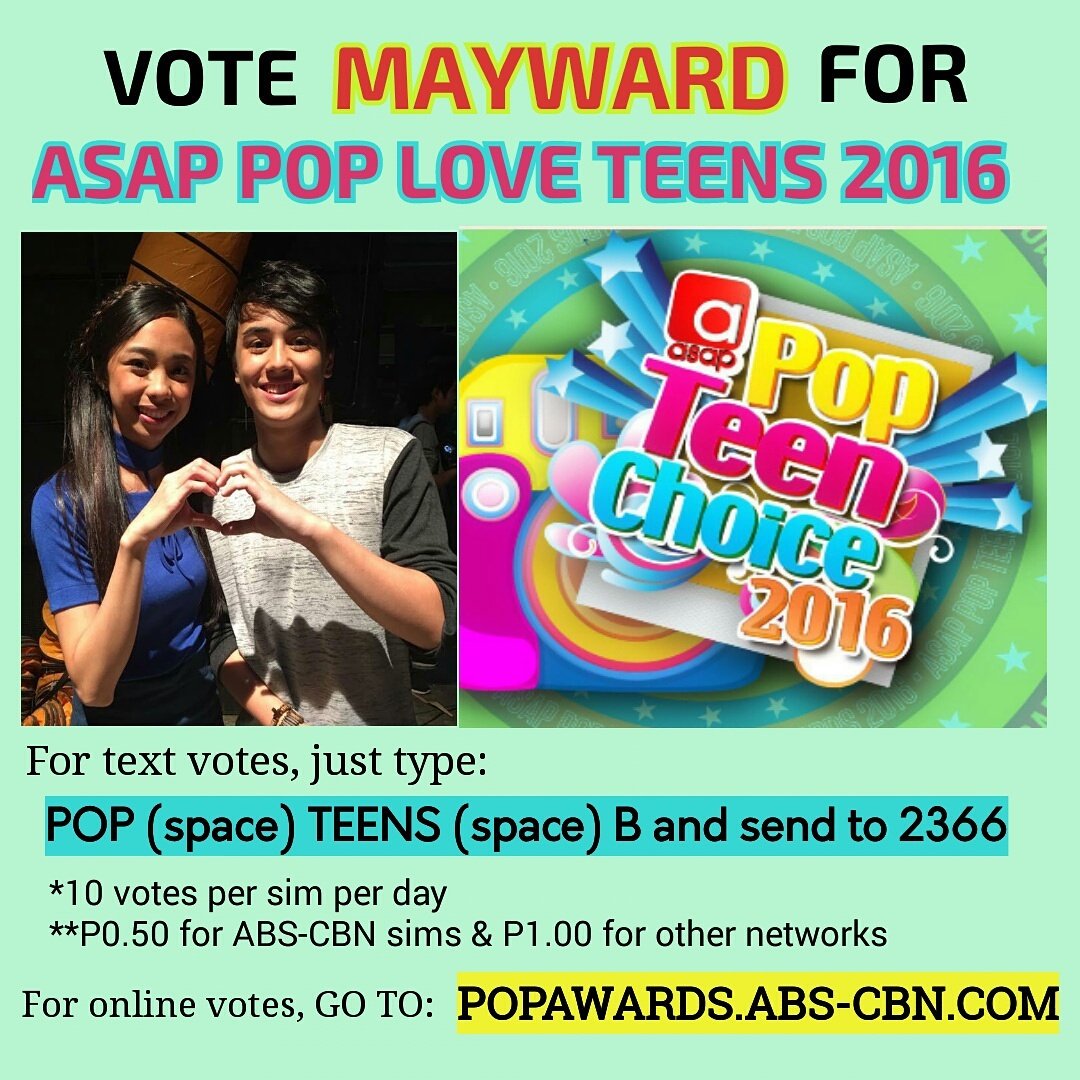 MayWardOfficial's tweet photo. Have you voted already? Vote MayWard for ASAP POP LOVE TEENS 2016!!

📱 ➡ POP TEENS B send to 2366
💻 ➡ https://t.co/vm4lETAnJg https://t.co/L56o99hNKT