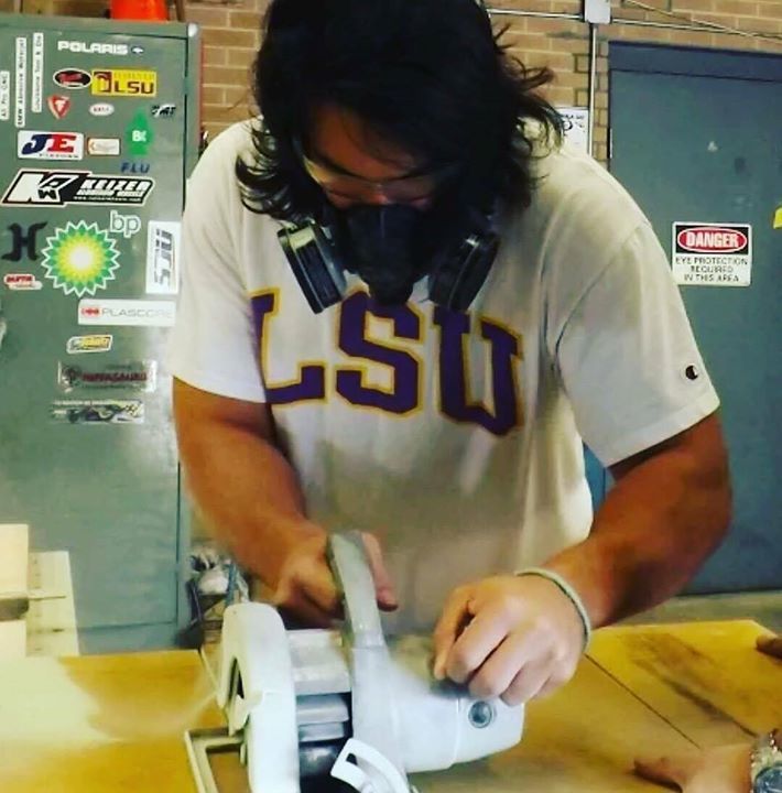 FormulaLSU's tweet photo. Team member Josh hard at work on body molds! #lsu #lplg #iamanlsuengineer #FSAE #becausera… https://t.co/AYF19m4CbV https://t.co/oqvd3jW1wZ