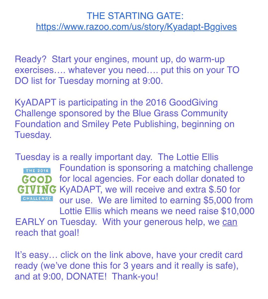 Get ready at 9:00 am on Tuesday, November 29th! 

razoo.com/us/story/Kyada…