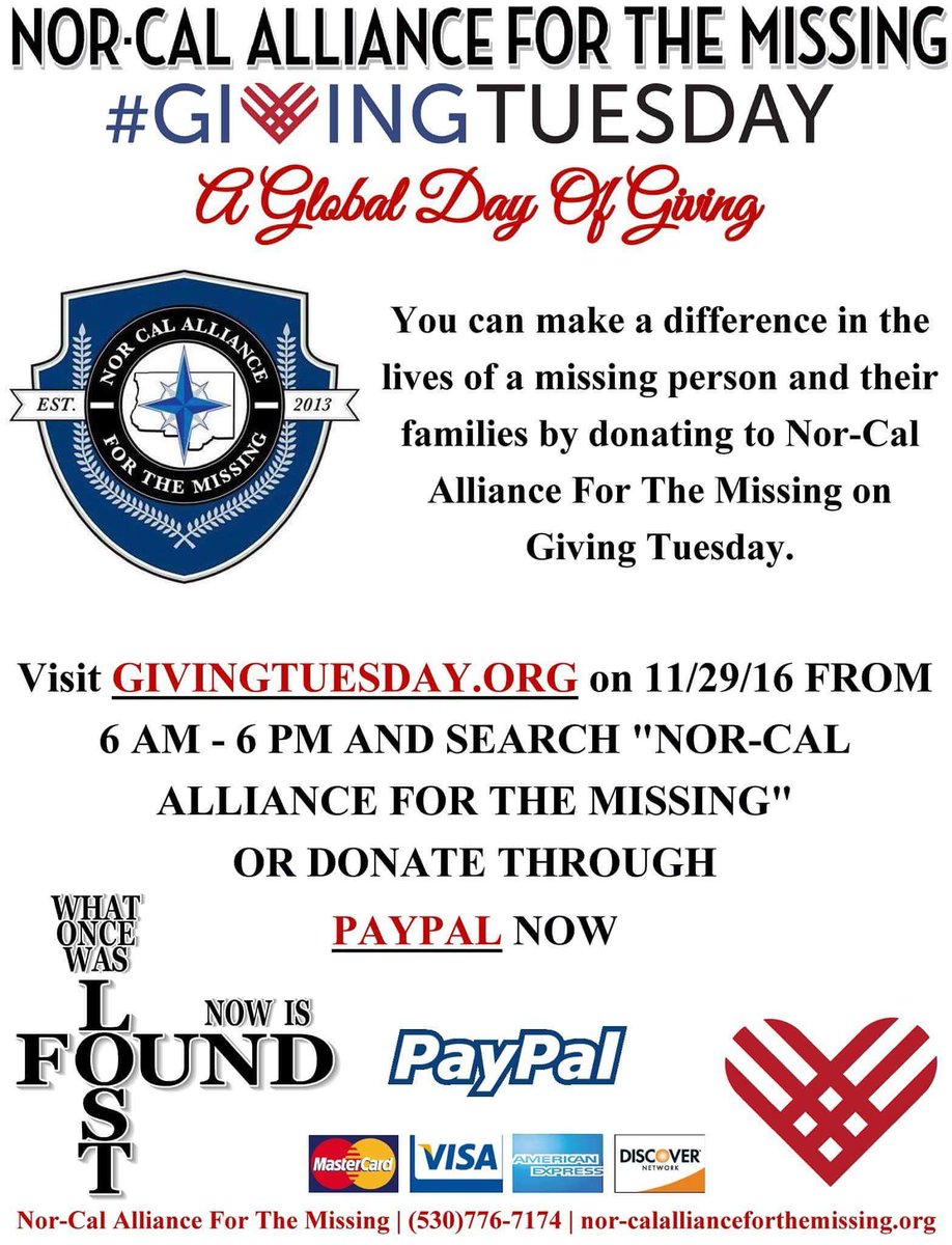 ncamissing1's tweet photo. #NorCalAllianceForTheMissing is taking part in this years #GivingTuesday for non profit charities &amp; organizations like ourselves. @NcamSoCal https://t.co/iUzUVSlxm9