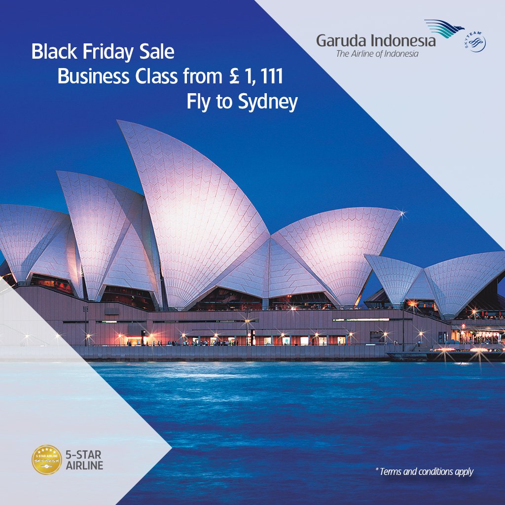 Garuda_UK's tweet photo. TRAVEL LOVERS: Fly #BusinessClass to Sydney from just £1,111 with @GarudaIndonesia and explore Down Under #BlackFriday #PromoFares https://t.co/QREQjhvfxm