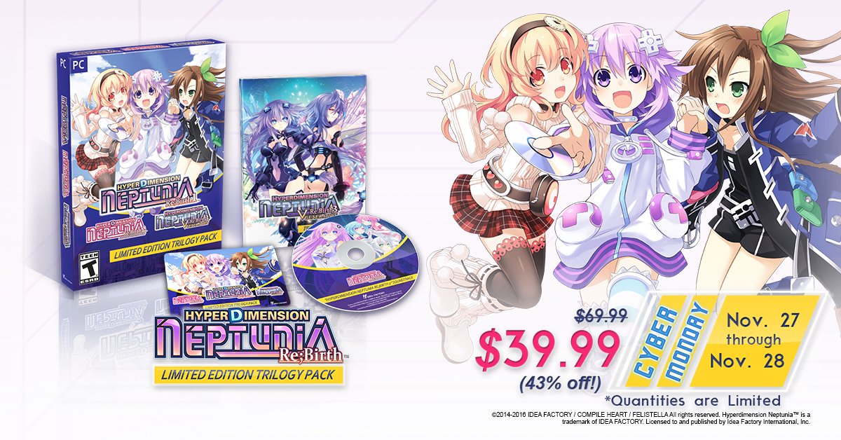 RetroismGames's tweet photo. Cyber Monday Sale - Save 43% on Hyperdimension Neptunia Re;Birth LE Trilogy Pack!
https://t.co/5DWlKSEiAN #idea_factory #neptunia https://t.co/sAPYkRXKjn